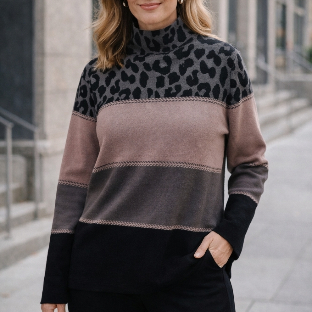 New Investments Mock Turtleneck Colorblock Leopard Sweater Size XL